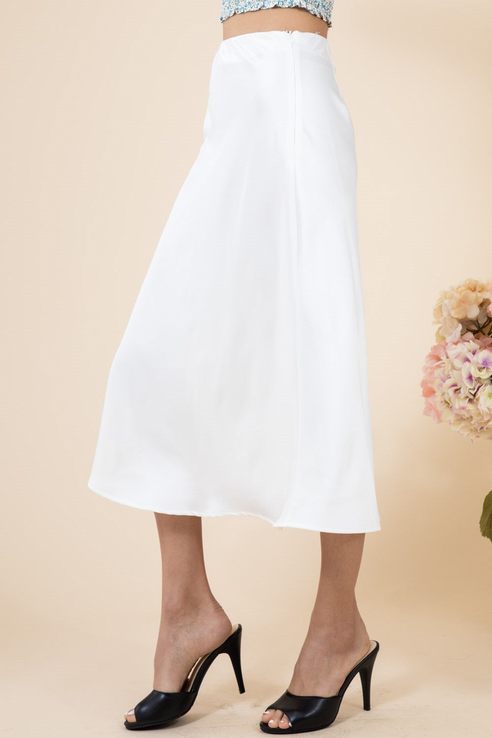 Solid Satin Midi Slip Skirt