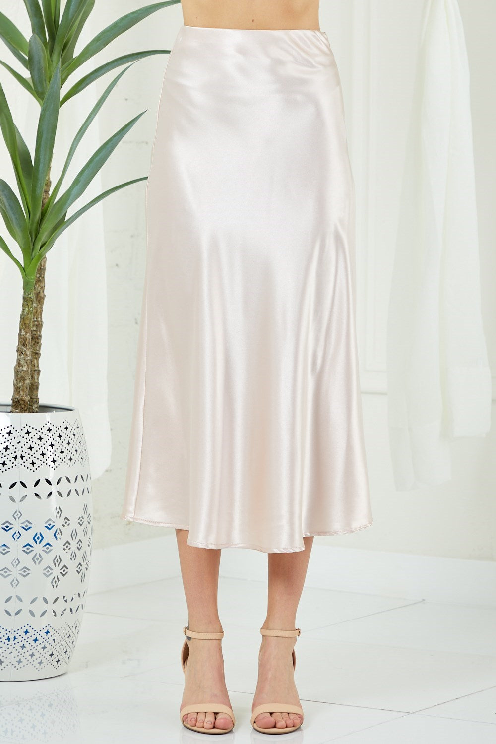Solid Satin Midi Slip Skirt