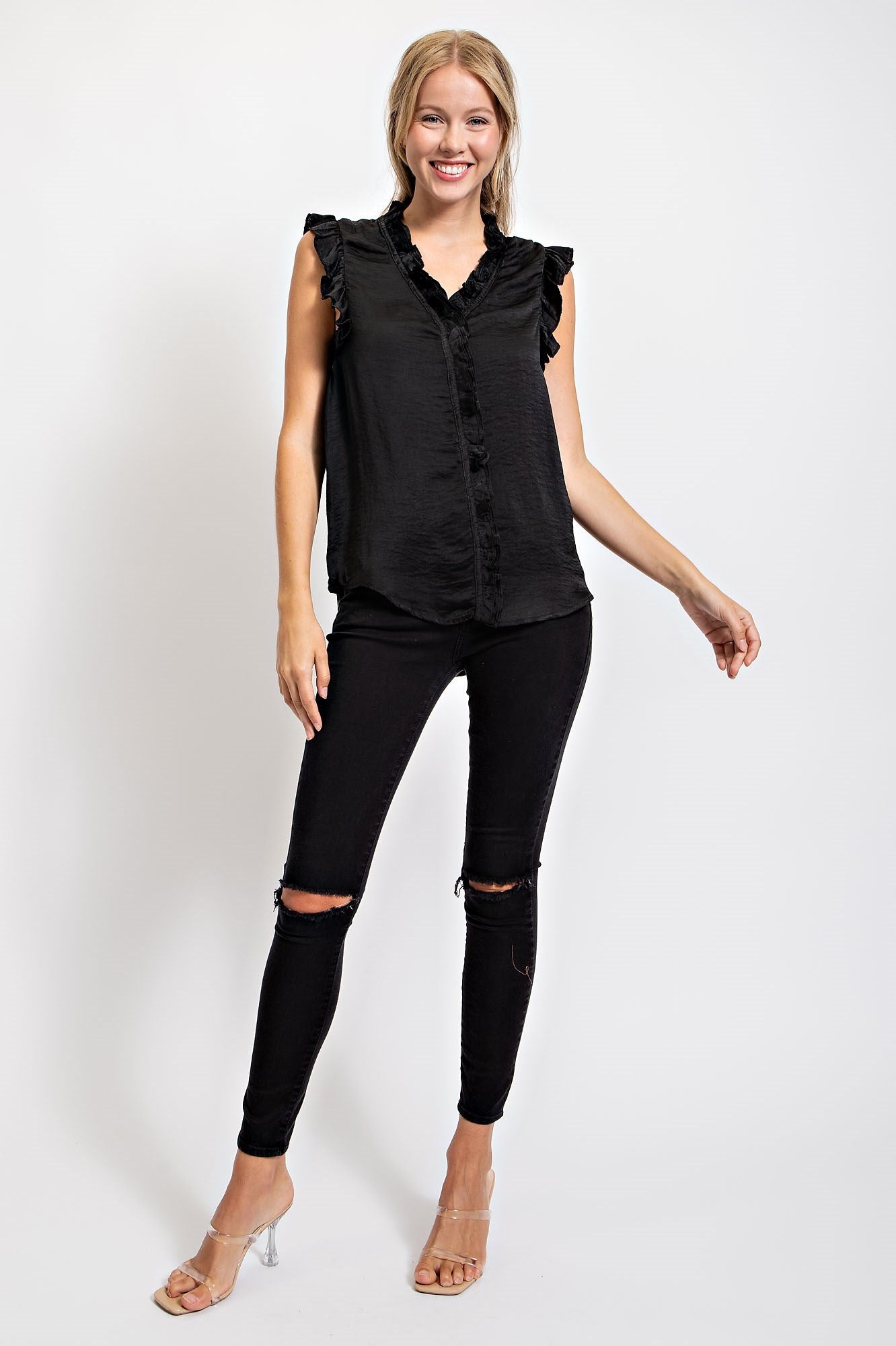 SLEEVELESS RUFFLE SOLID TOP