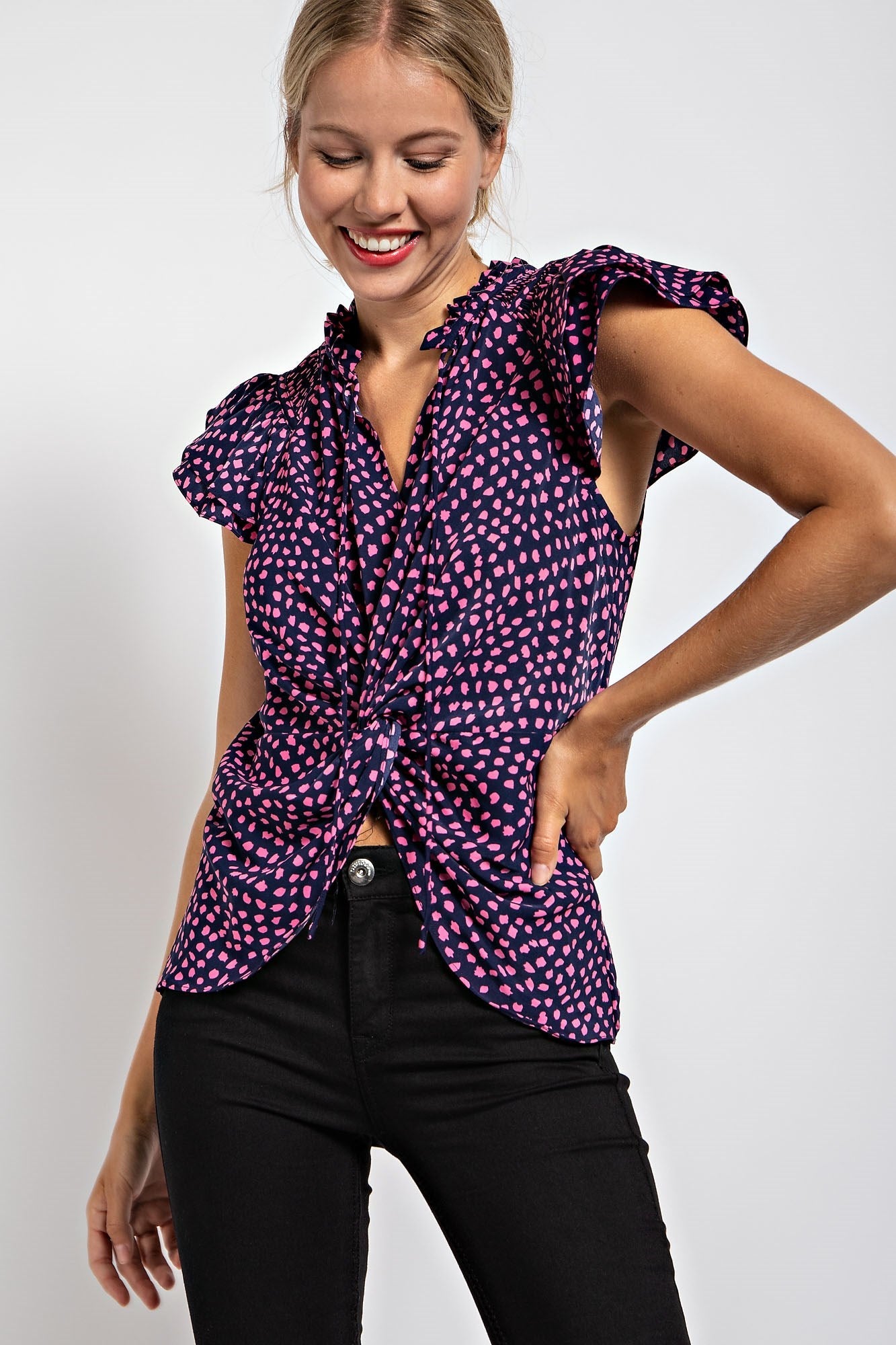 DALMATIAN PRINT TWIST KNOT FRONT TOP