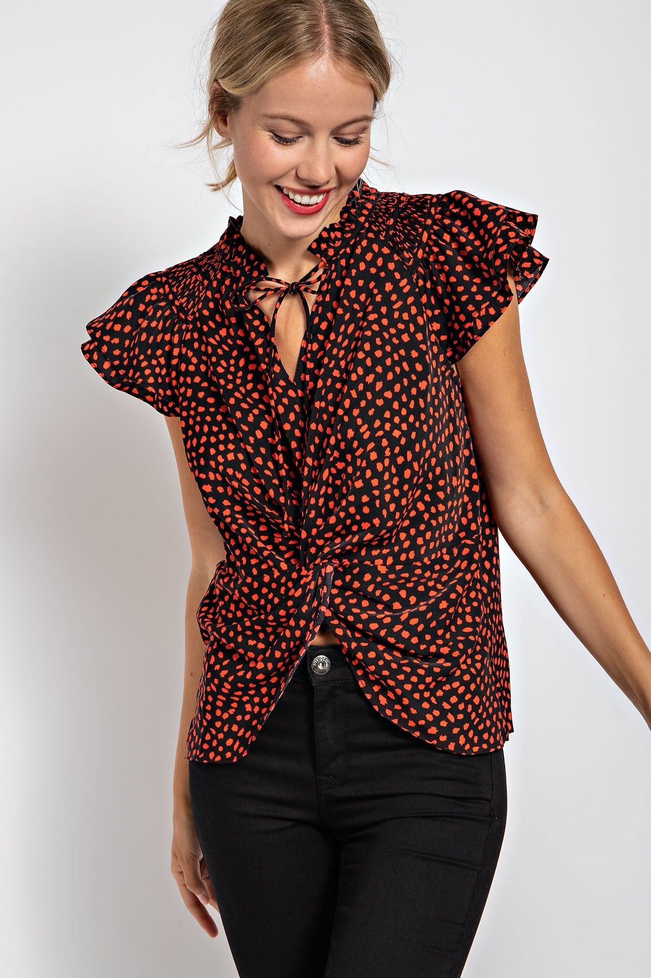 DALMATIAN PRINT TWIST KNOT FRONT TOP