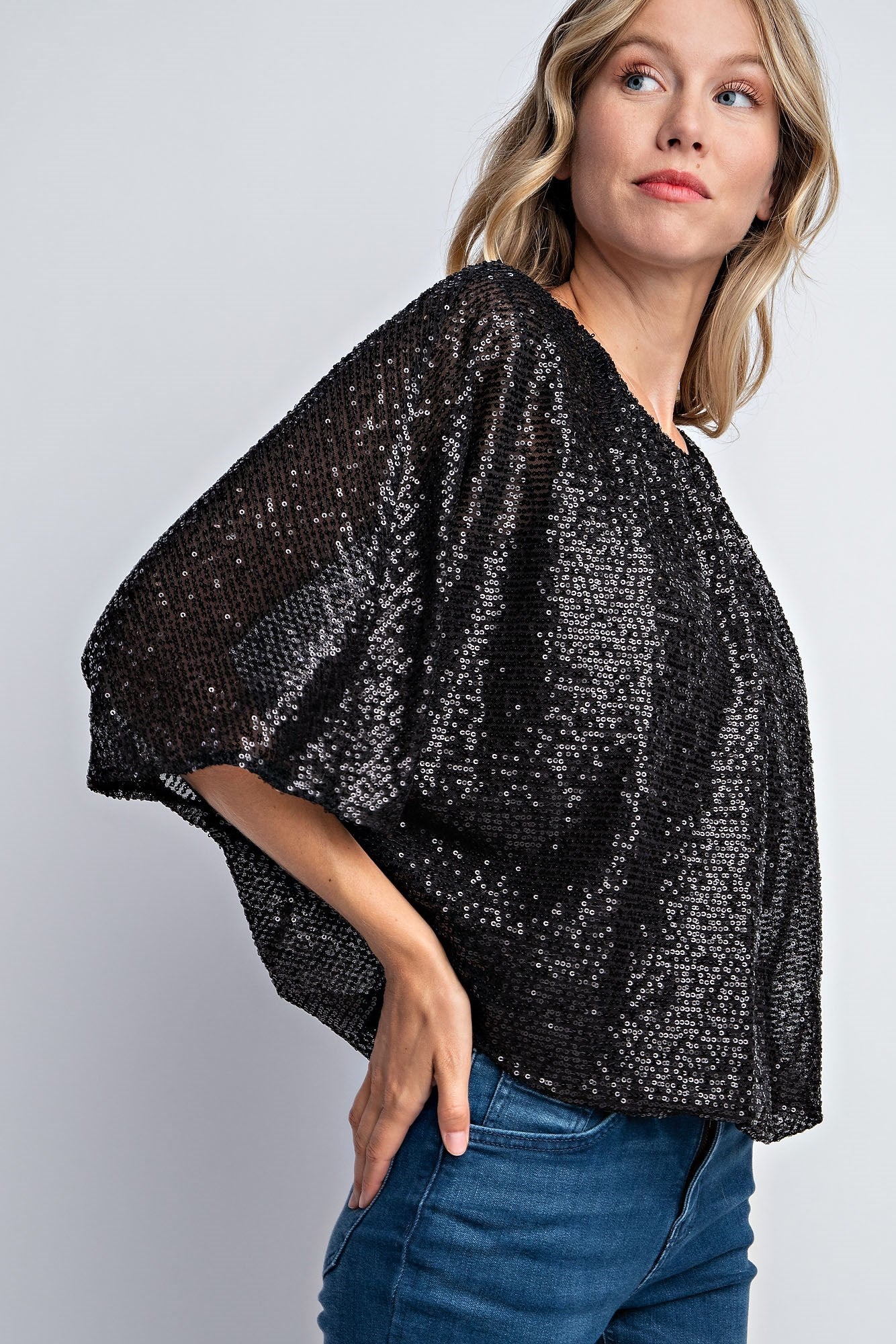 FLUTTER SLEEVE SEQUIN BLOUSE TOP