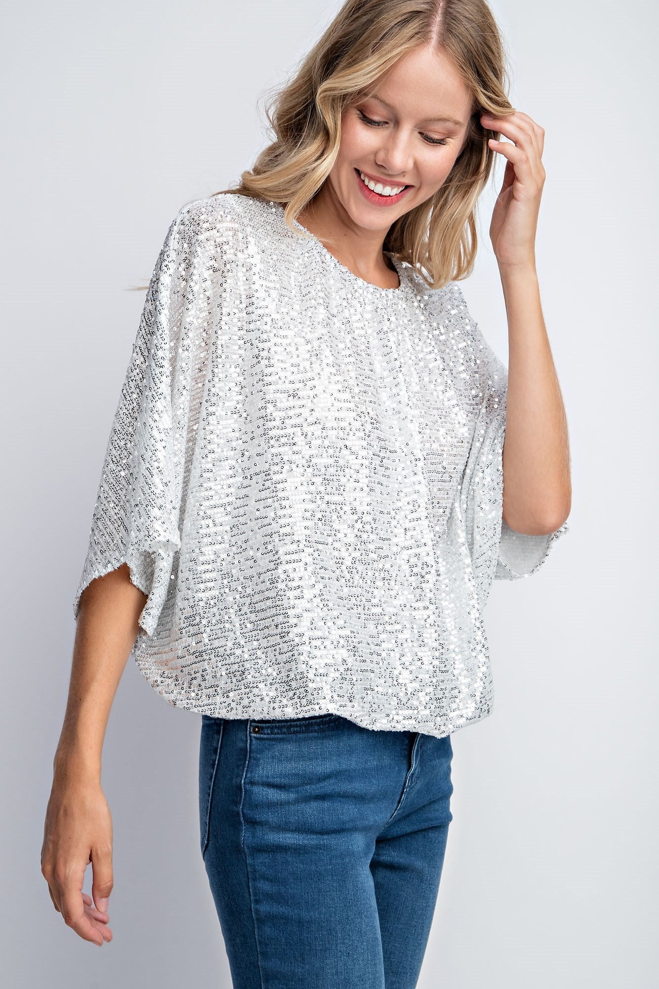 FLUTTER SLEEVE SEQUIN BLOUSE TOP