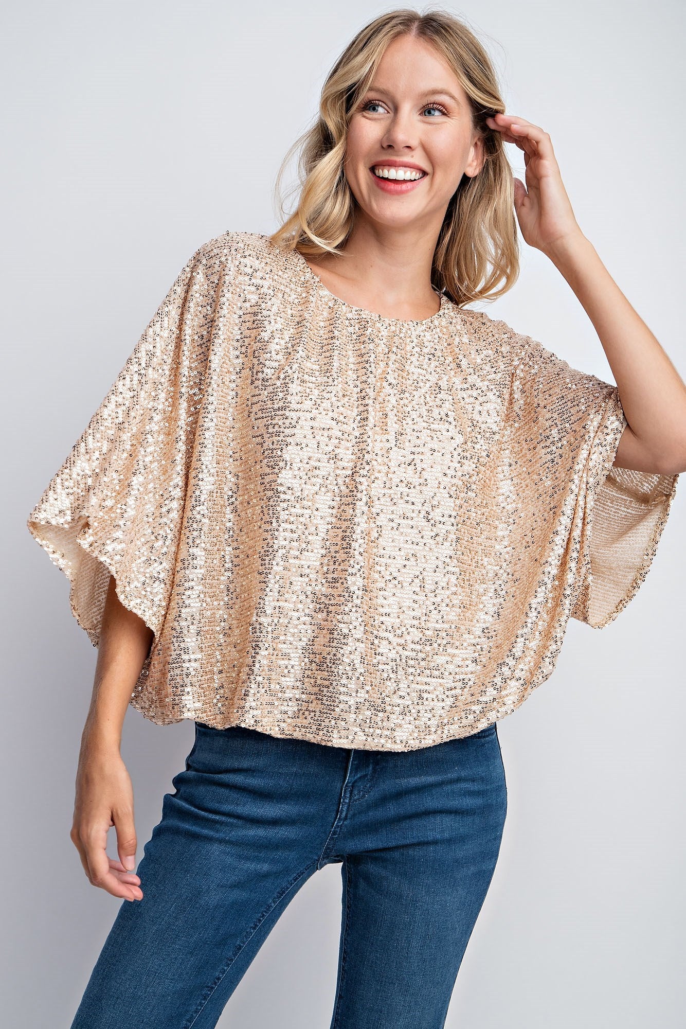 FLUTTER SLEEVE SEQUIN BLOUSE TOP