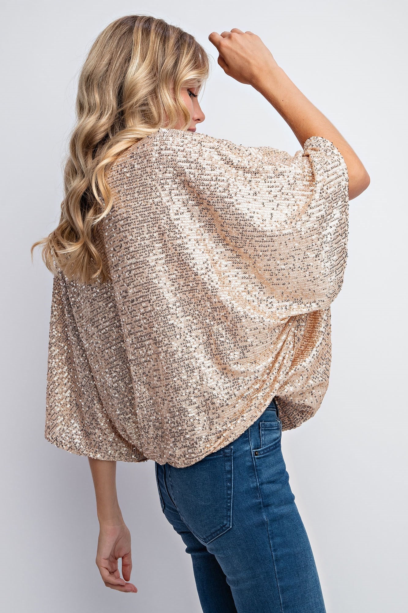 FLUTTER SLEEVE SEQUIN BLOUSE TOP