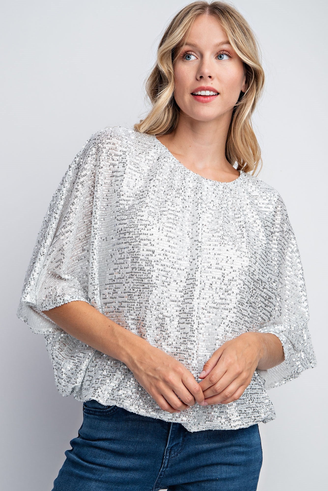 FLUTTER SLEEVE SEQUIN BLOUSE TOP