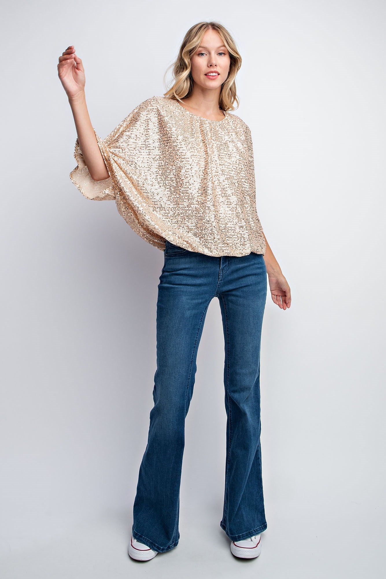 FLUTTER SLEEVE SEQUIN BLOUSE TOP