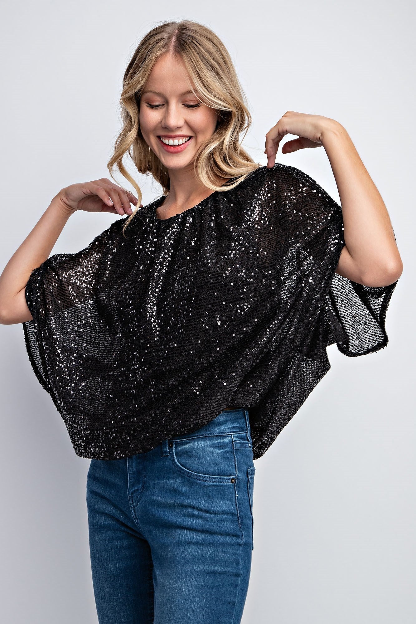 FLUTTER SLEEVE SEQUIN BLOUSE TOP