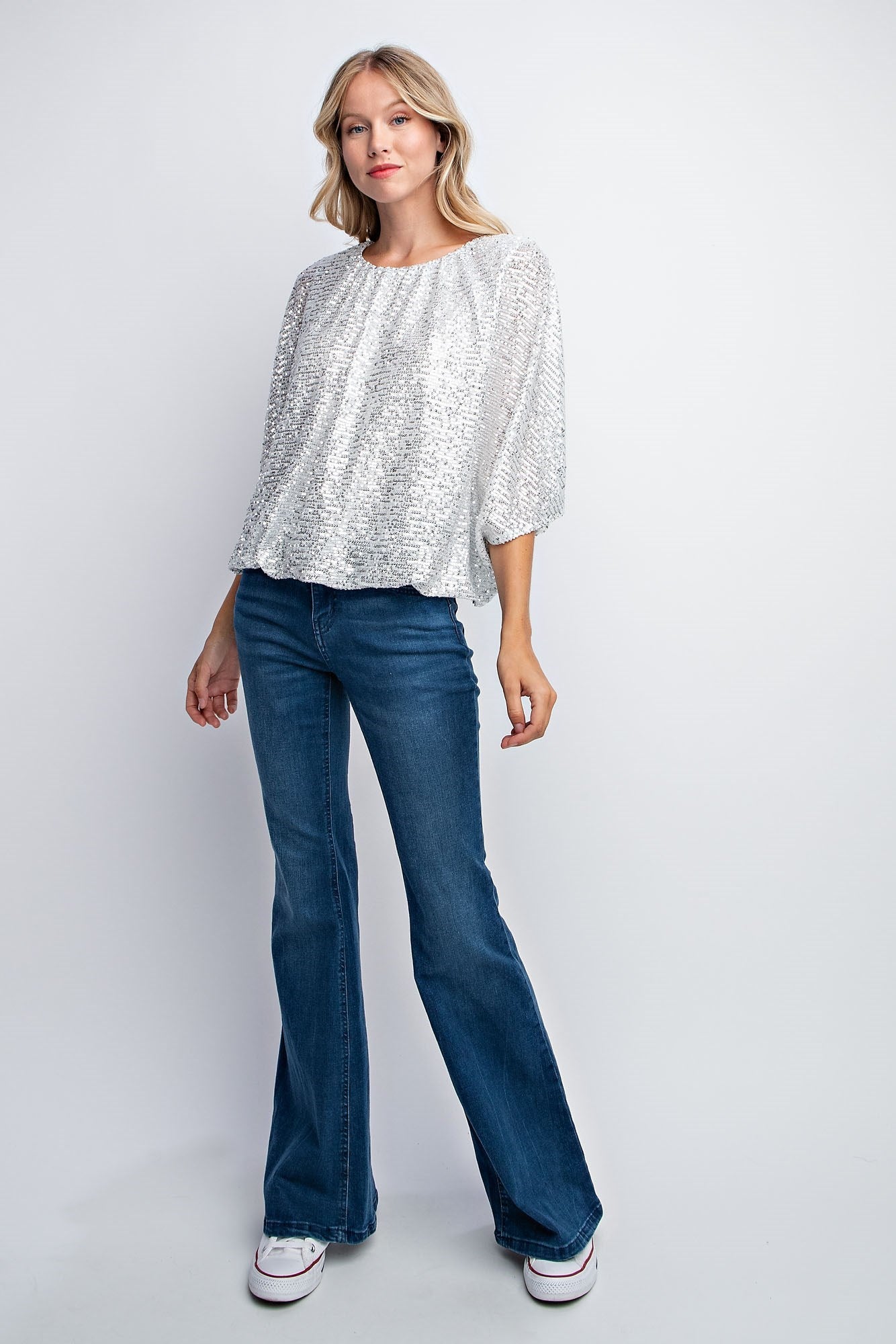FLUTTER SLEEVE SEQUIN BLOUSE TOP