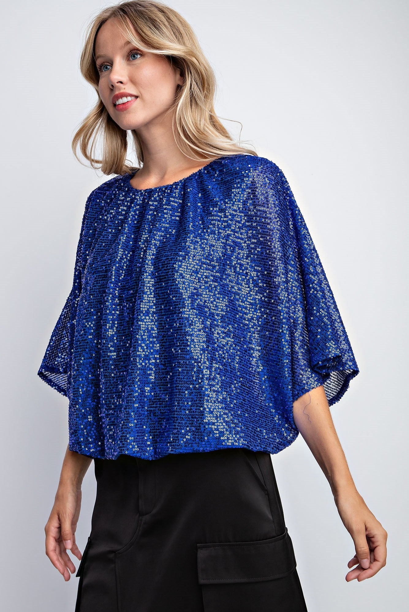 FLUTTER SLEEVE SEQUIN BLOUSE TOP