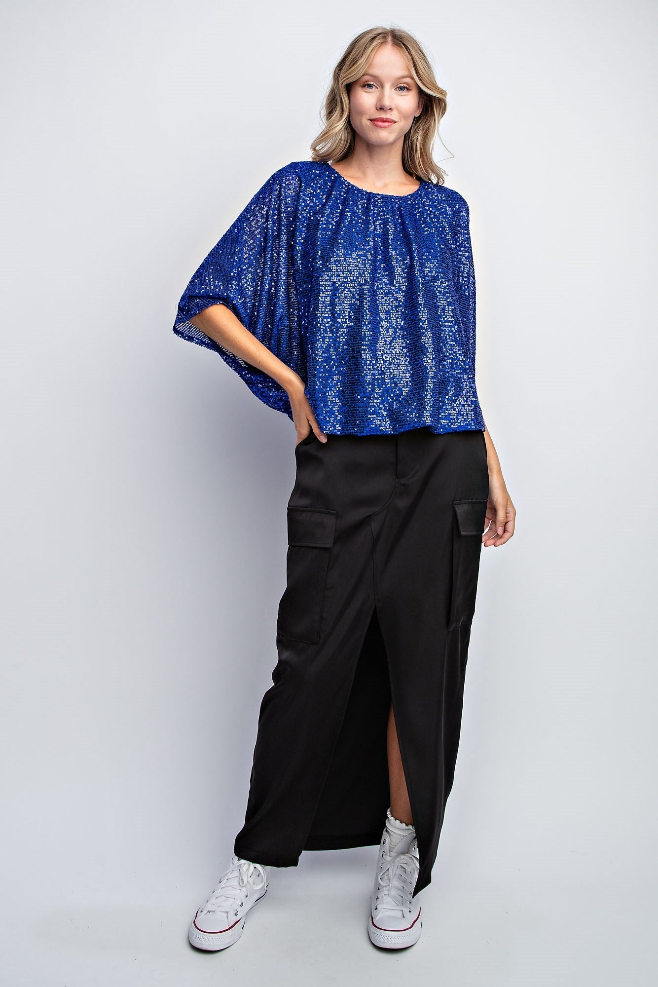 FLUTTER SLEEVE SEQUIN BLOUSE TOP
