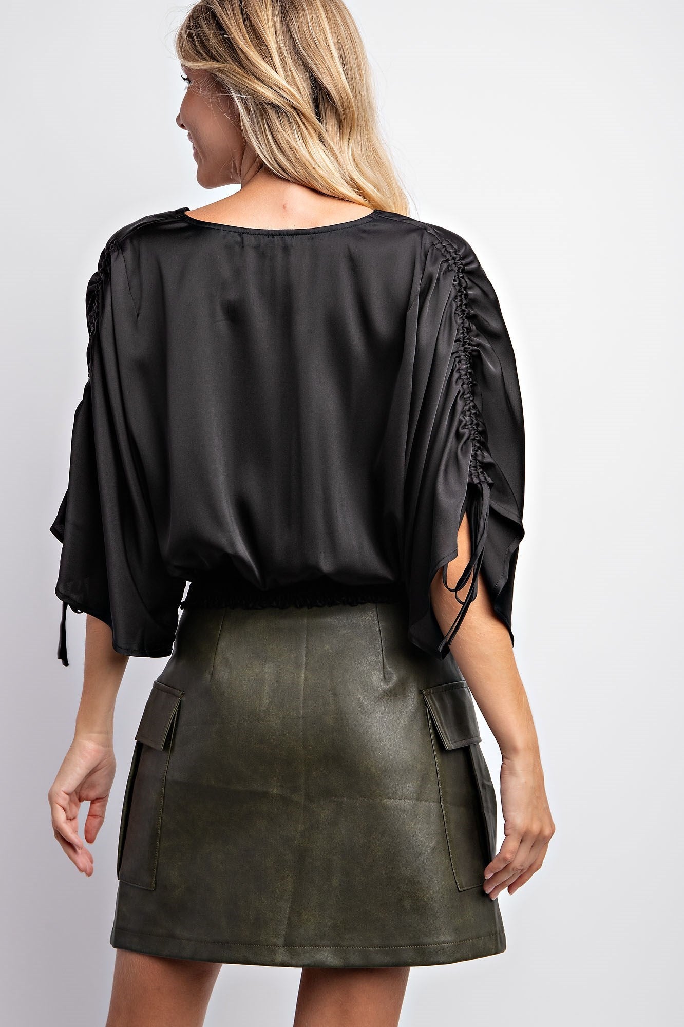 DRAWSTRING SLEEVE SATIN TOP