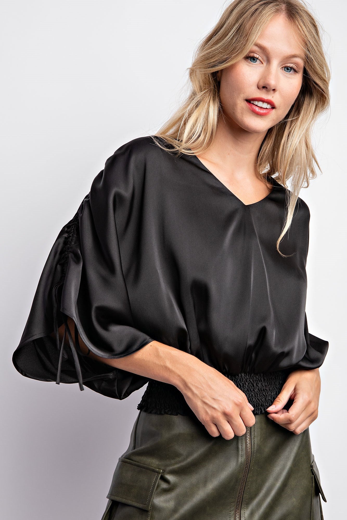 DRAWSTRING SLEEVE SATIN TOP