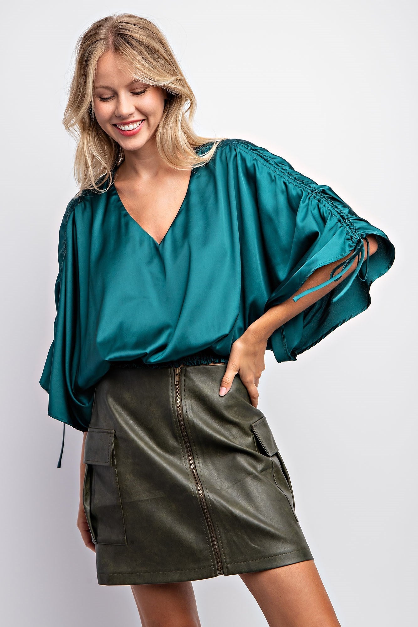 DRAWSTRING SLEEVE SATIN TOP