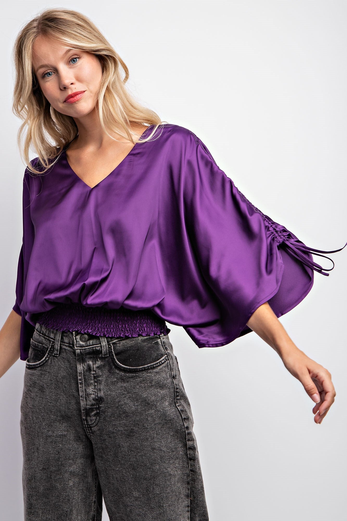 DRAWSTRING SLEEVE SATIN TOP