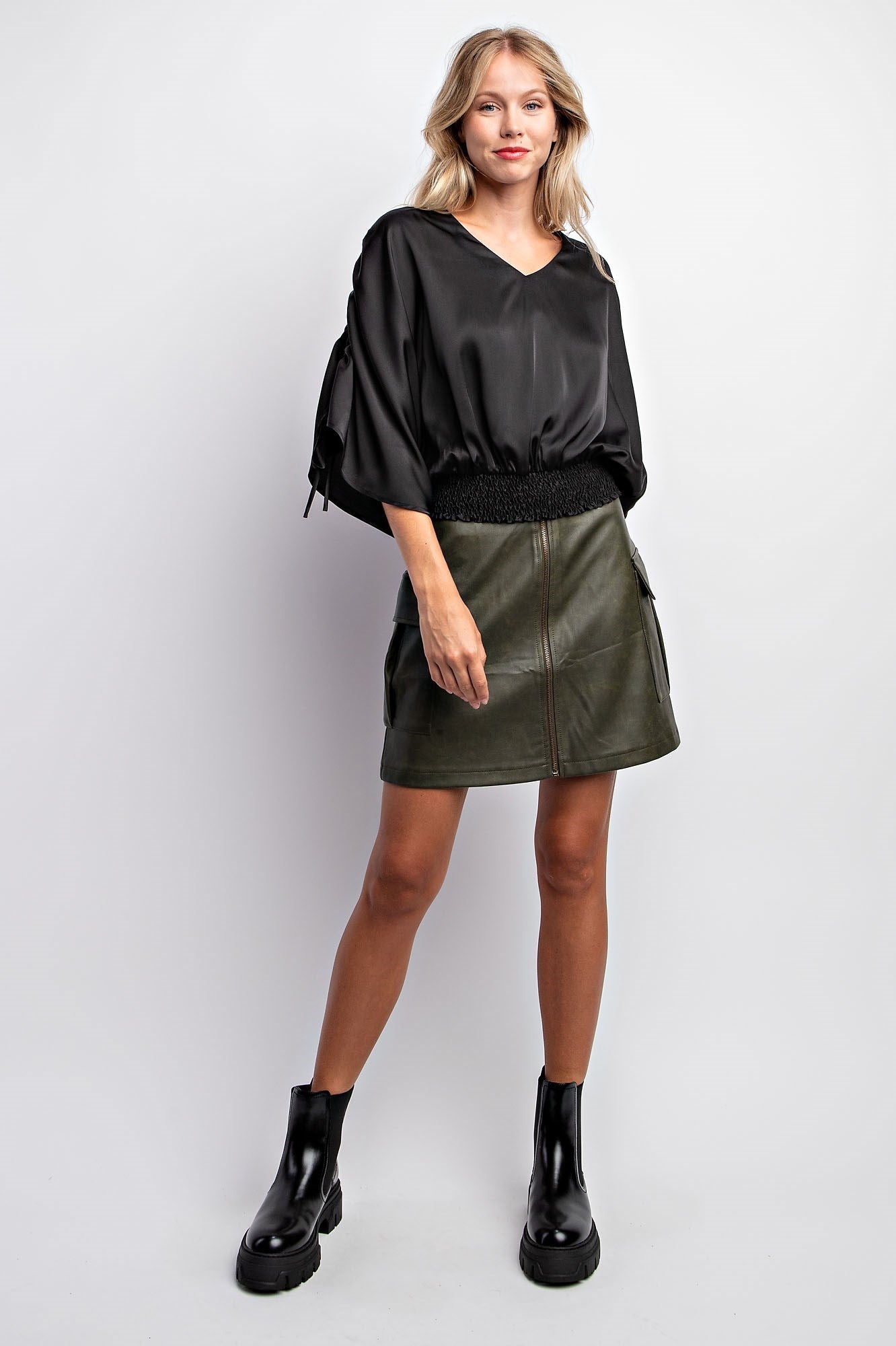 DRAWSTRING SLEEVE SATIN TOP
