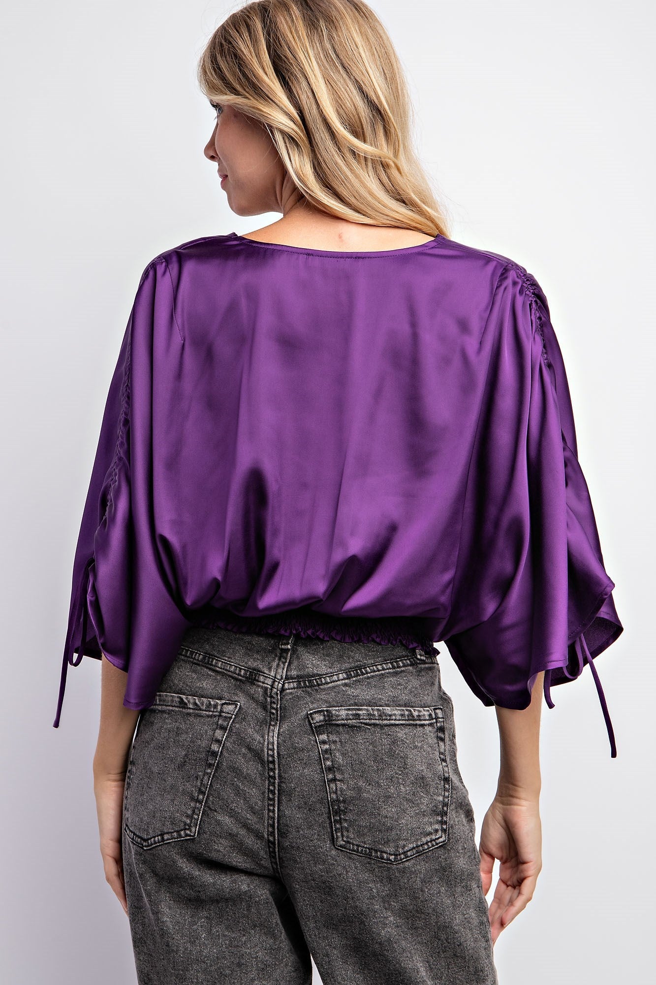 DRAWSTRING SLEEVE SATIN TOP