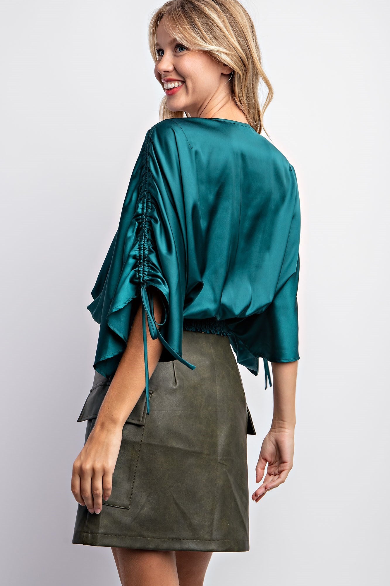 DRAWSTRING SLEEVE SATIN TOP