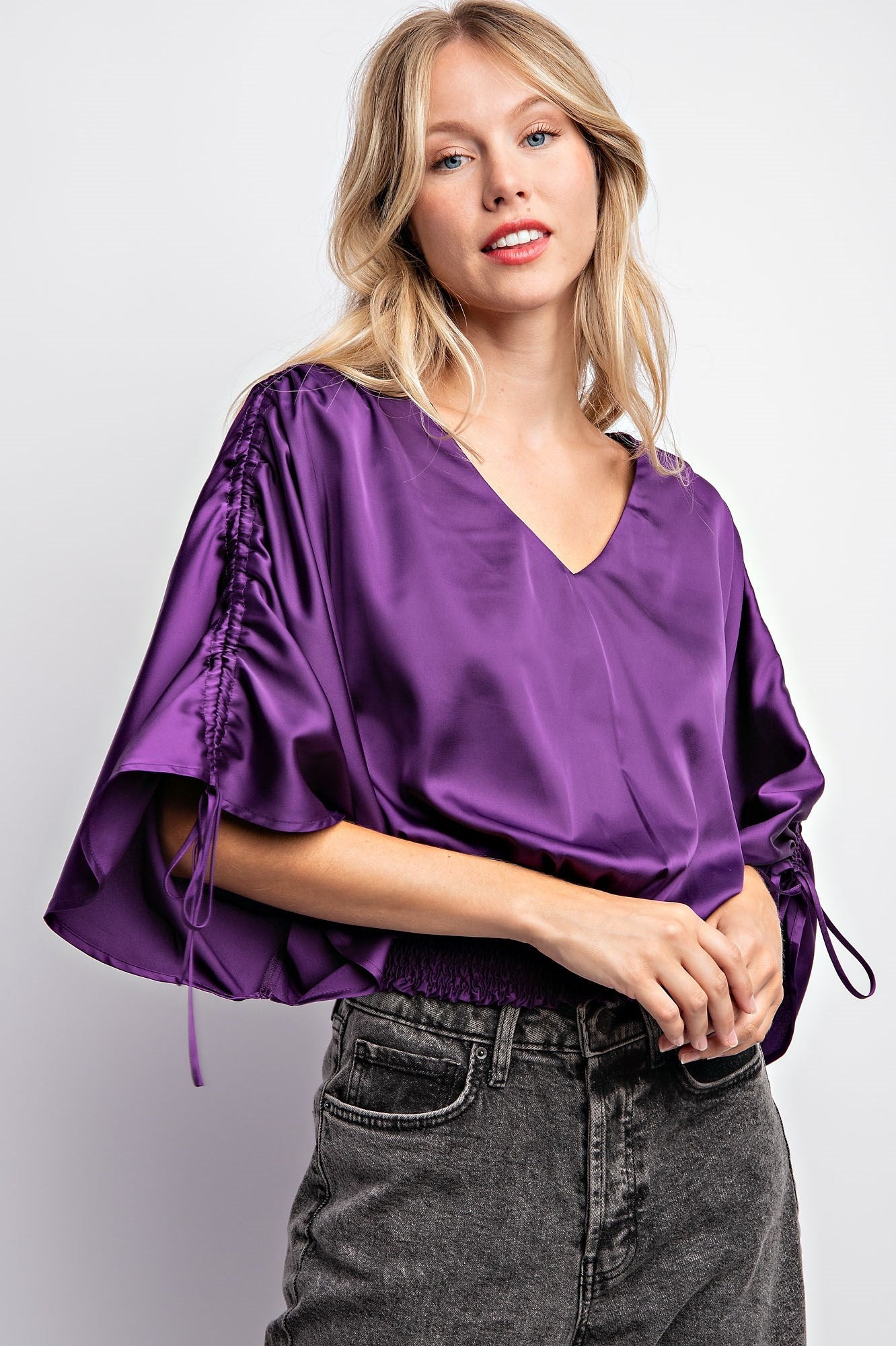 DRAWSTRING SLEEVE SATIN TOP