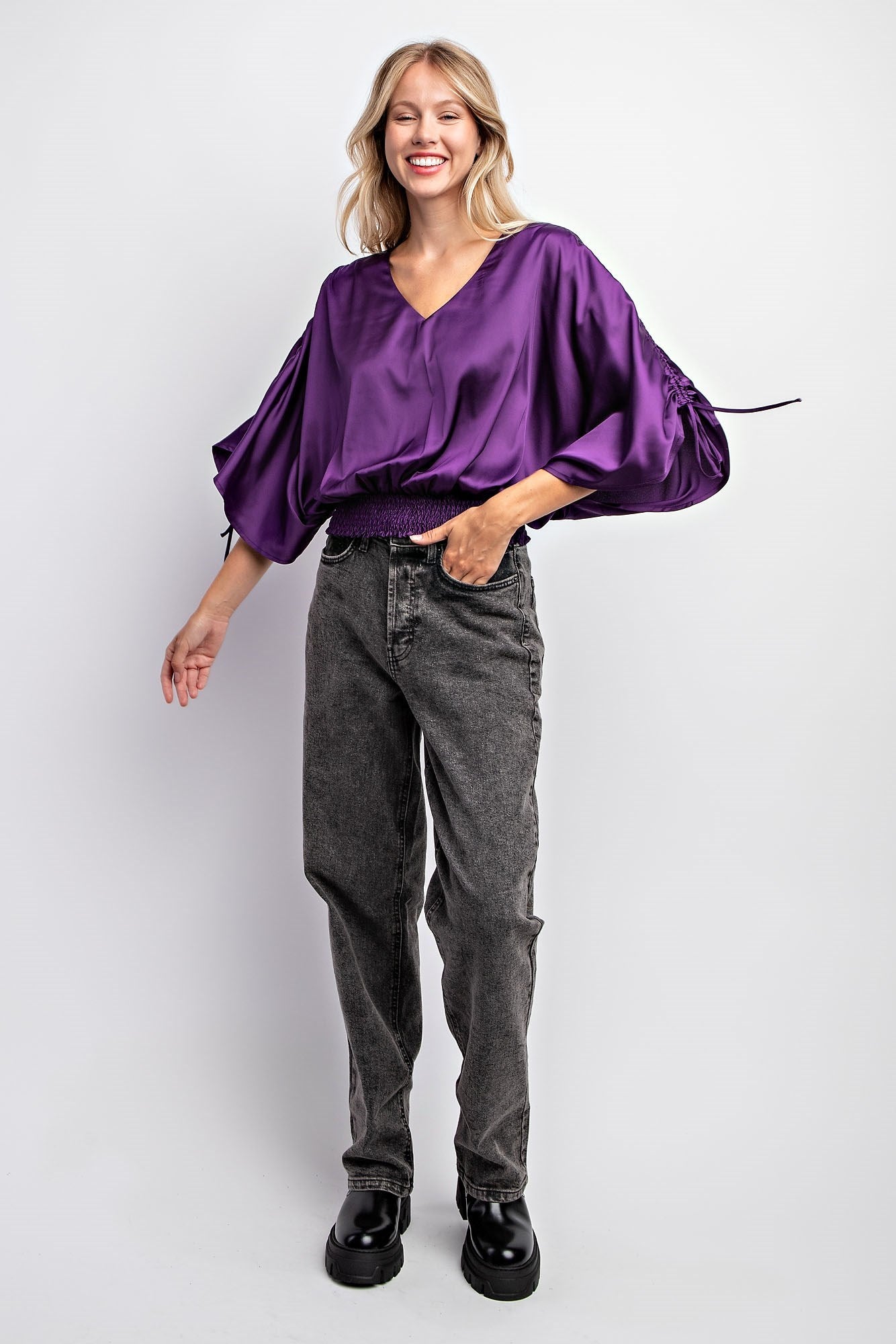 DRAWSTRING SLEEVE SATIN TOP