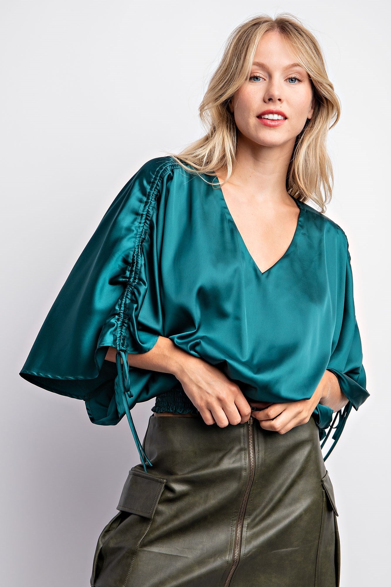 DRAWSTRING SLEEVE SATIN TOP