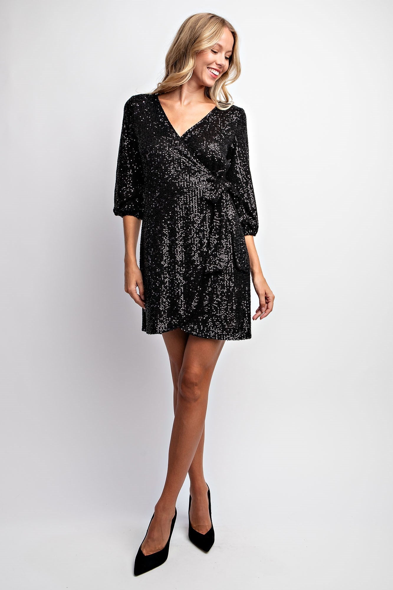 SURPLICE WRAP SEQUIN MINI DRESS