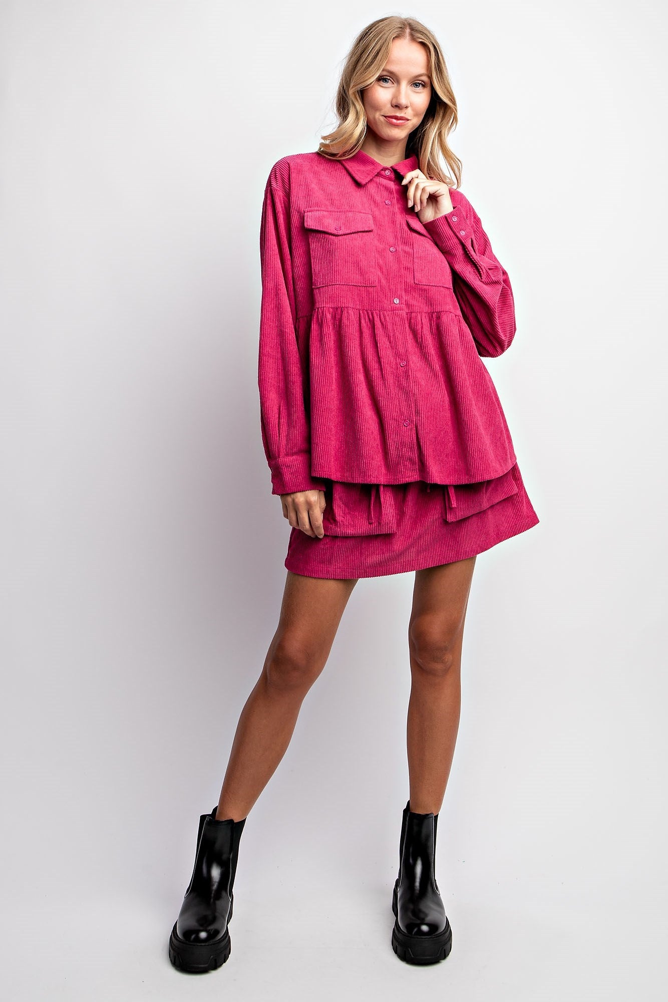 CORDUROY BABYDOLL SHACKET & SKIRT
