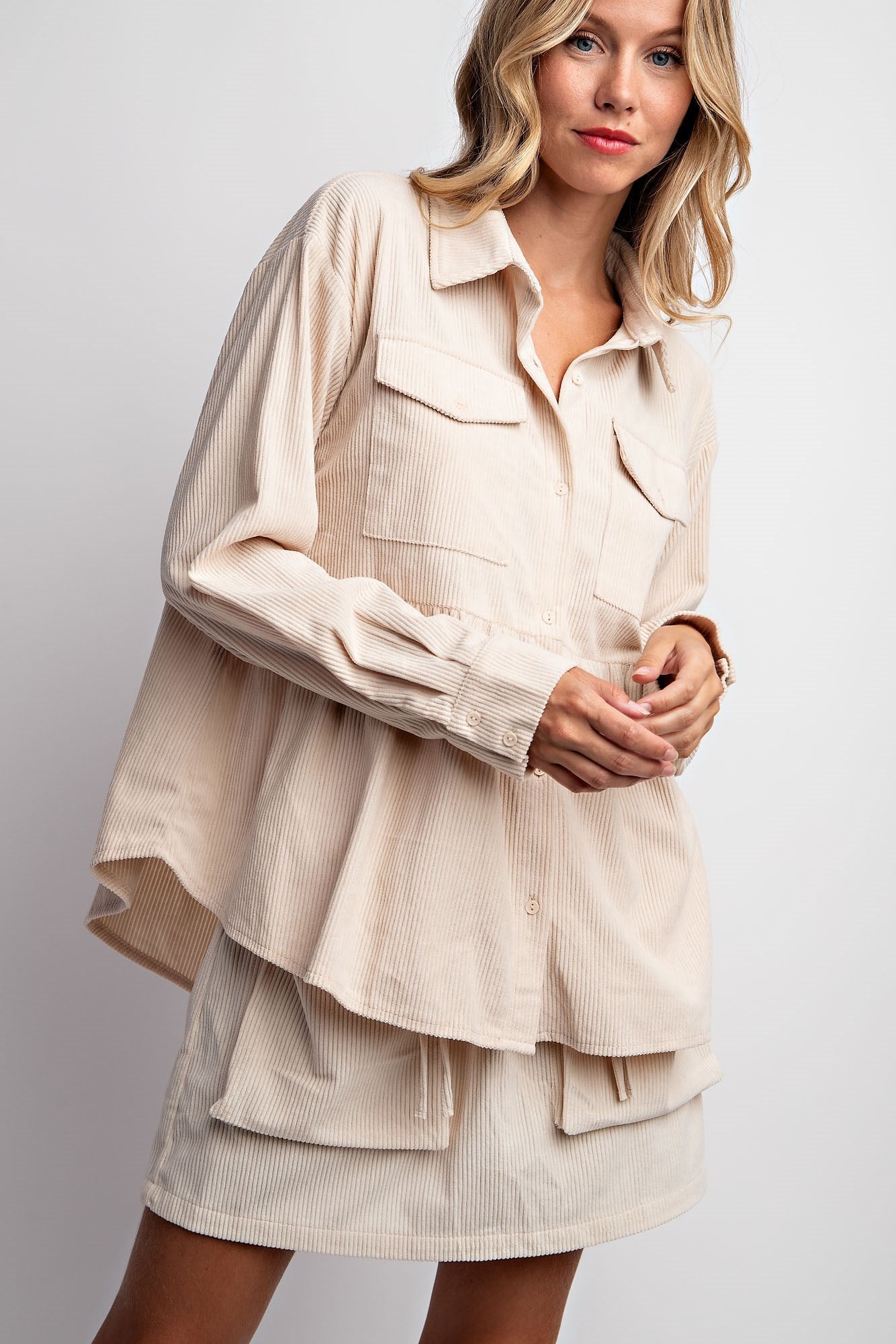 CORDUROY BABYDOLL SHACKET & SKIRT