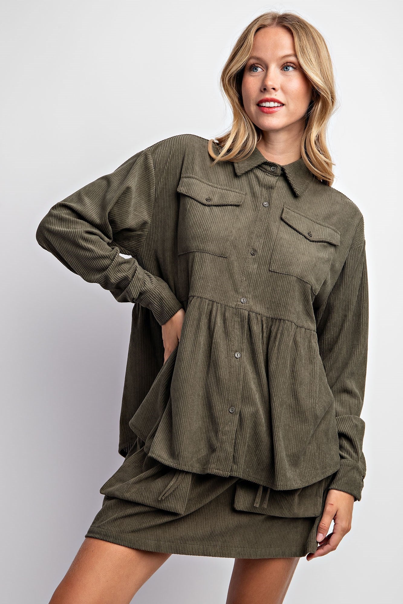 CORDUROY BABYDOLL SHACKET & SKIRT