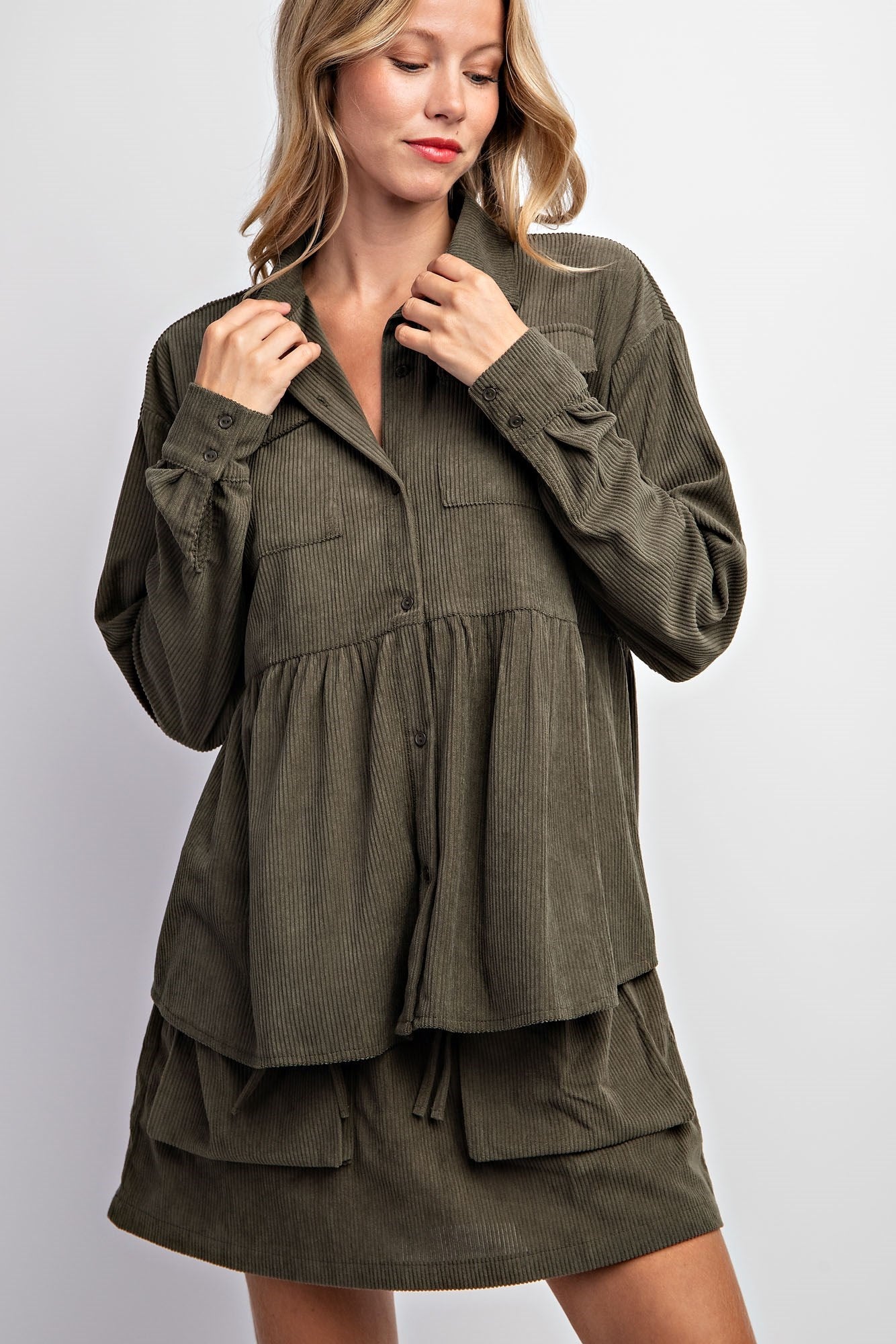 CORDUROY BABYDOLL SHACKET & SKIRT