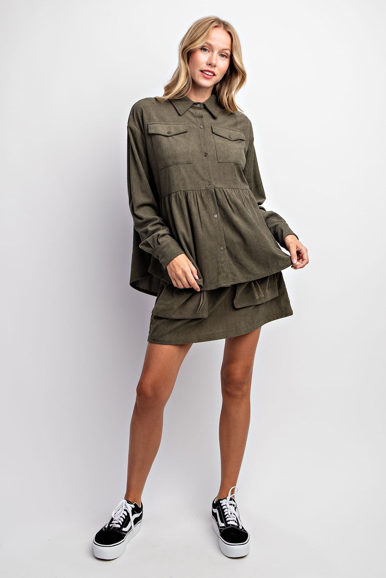 CORDUROY BABYDOLL SHACKET & SKIRT