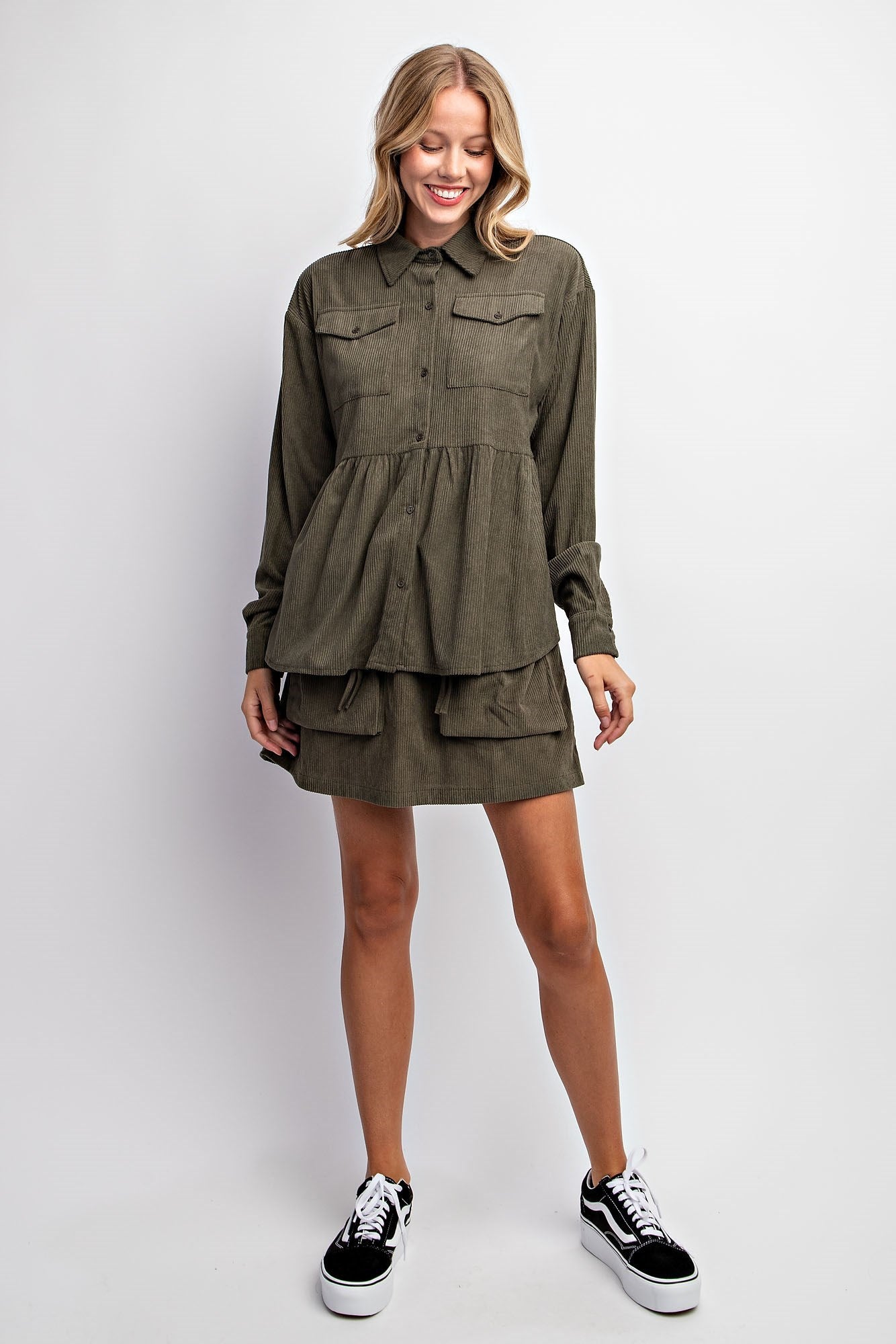 CORDUROY BABYDOLL SHACKET & SKIRT