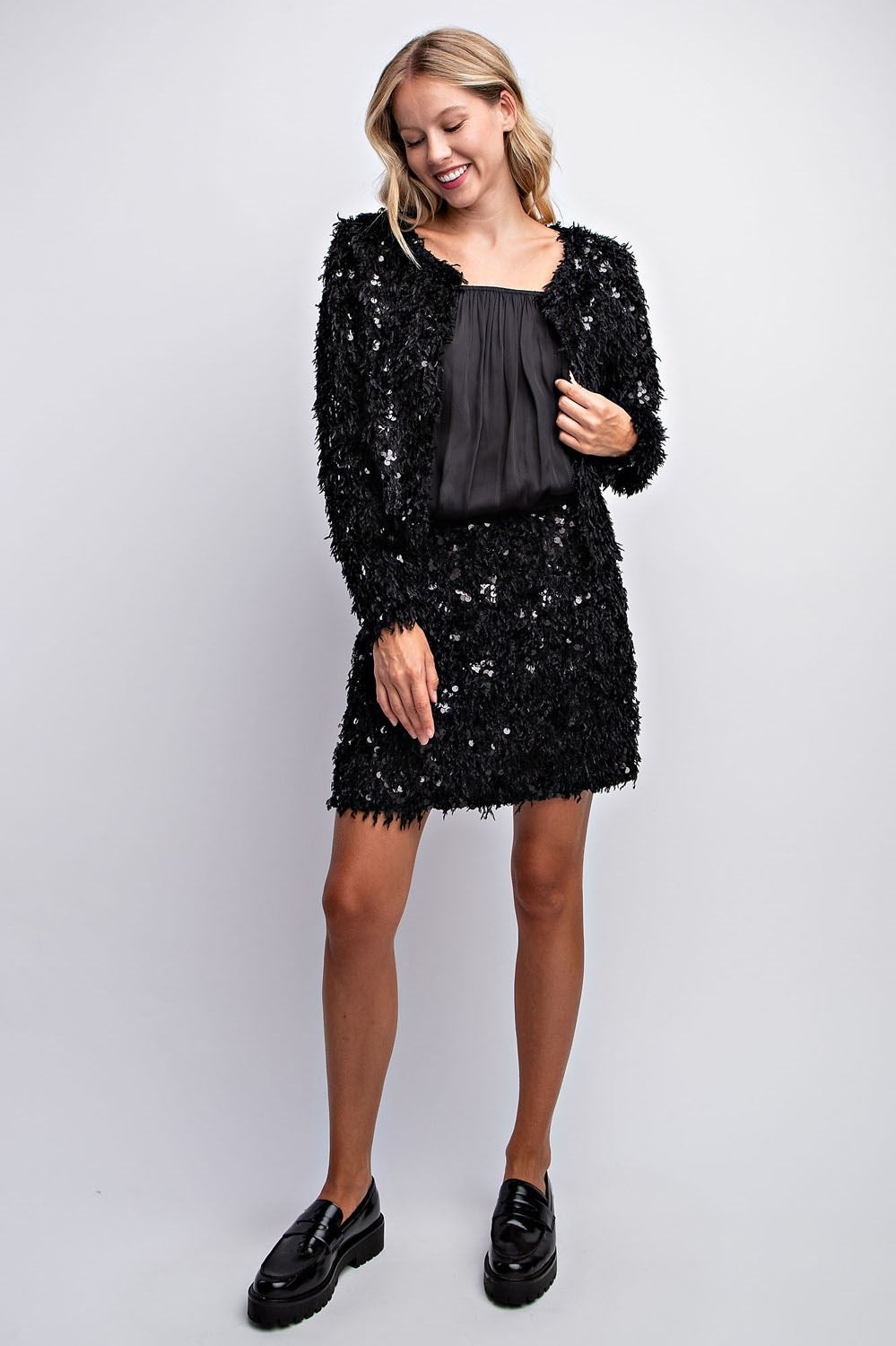 SEQUIN FEATHER JACKET & SKIRT
