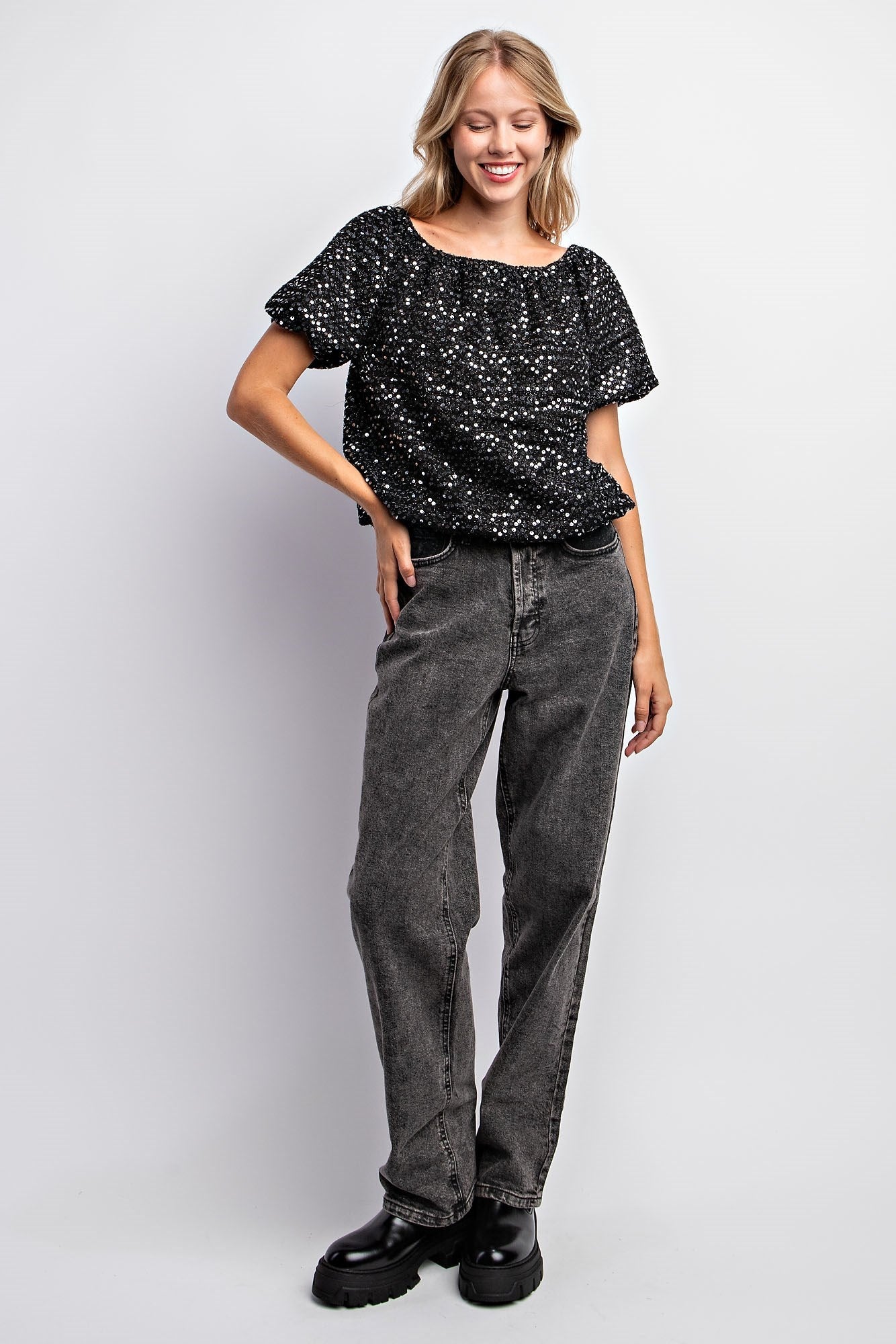 Puff Sleeve Tweed Sequin Top