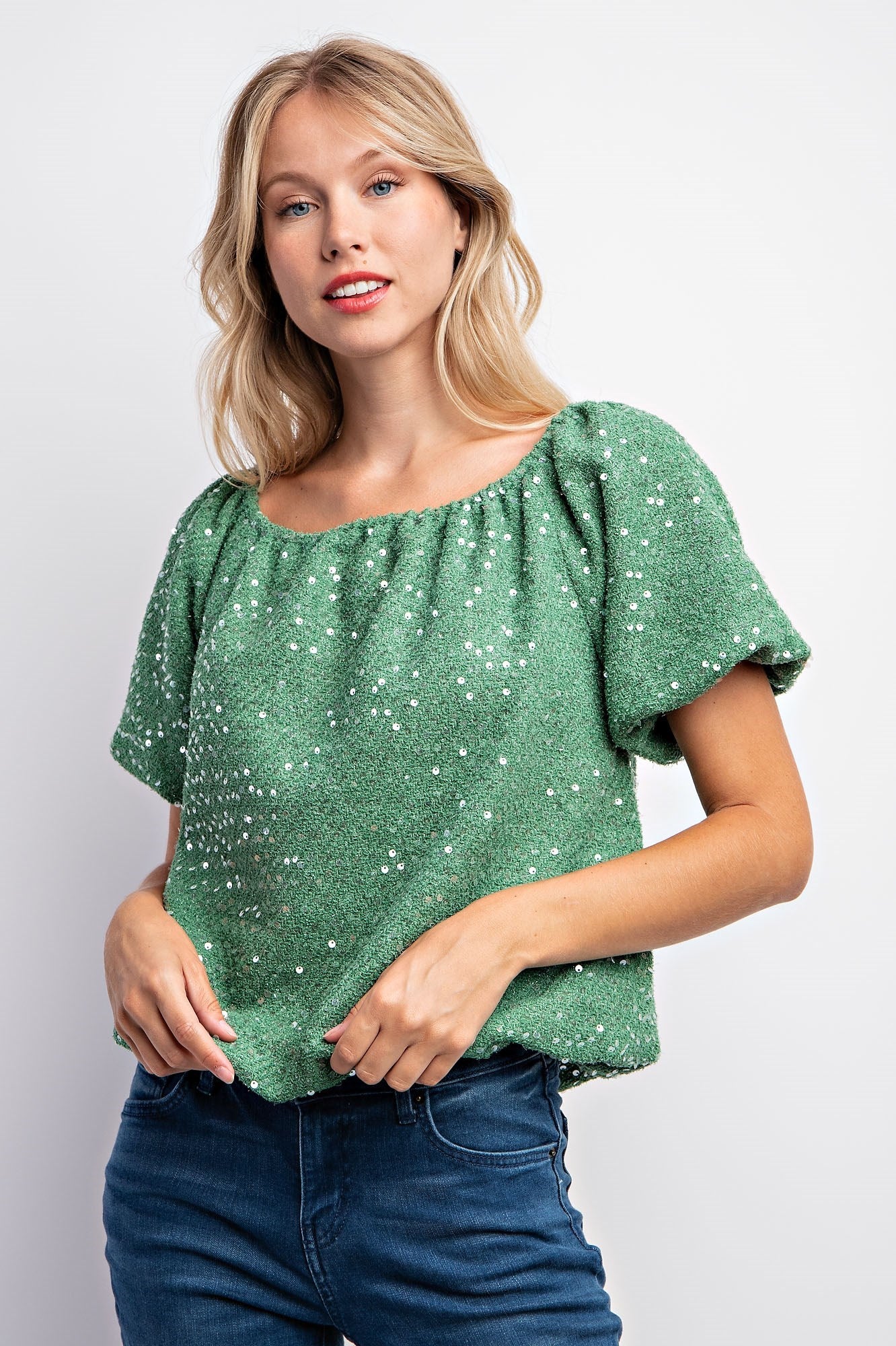 Puff Sleeve Tweed Sequin Top