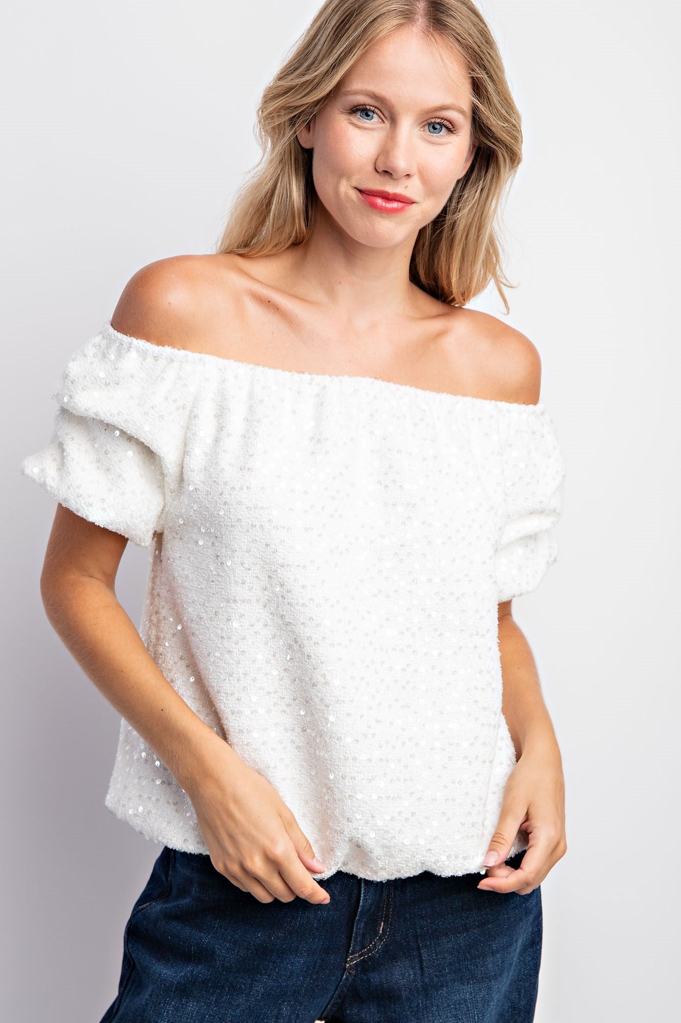 Puff Sleeve Tweed Sequin Top