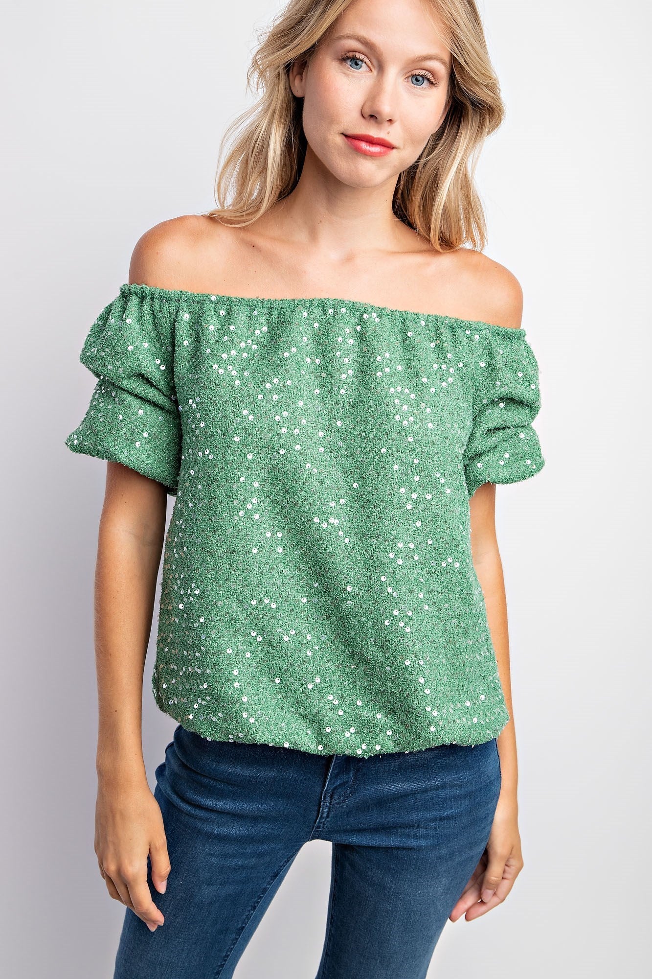 Puff Sleeve Tweed Sequin Top