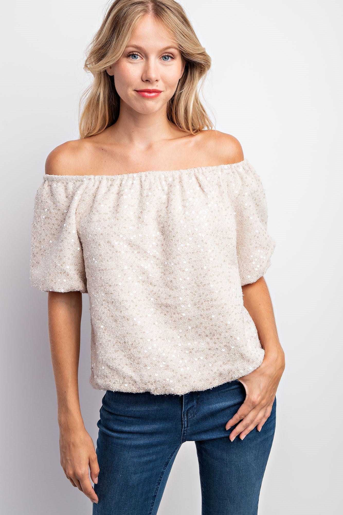 Puff Sleeve Tweed Sequin Top
