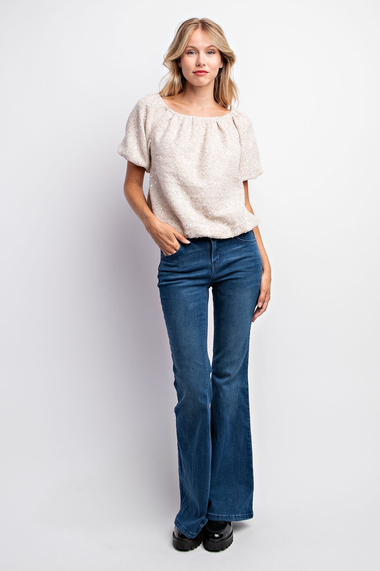Puff Sleeve Tweed Sequin Top