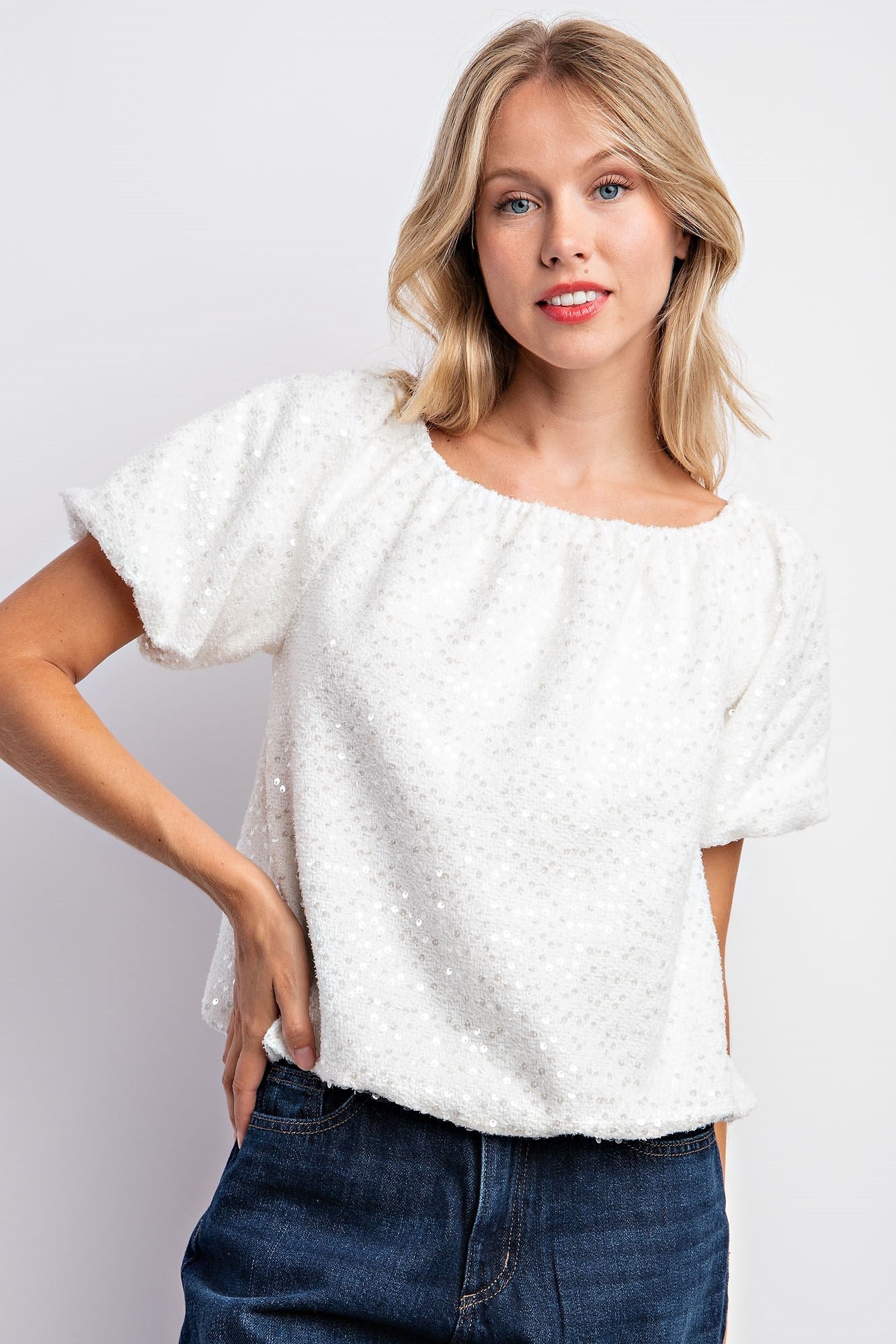 Puff Sleeve Tweed Sequin Top