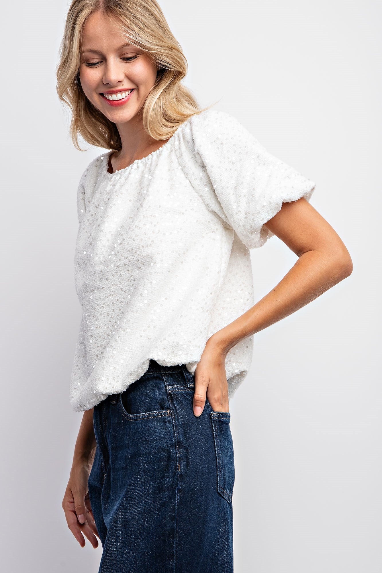 Puff Sleeve Tweed Sequin Top