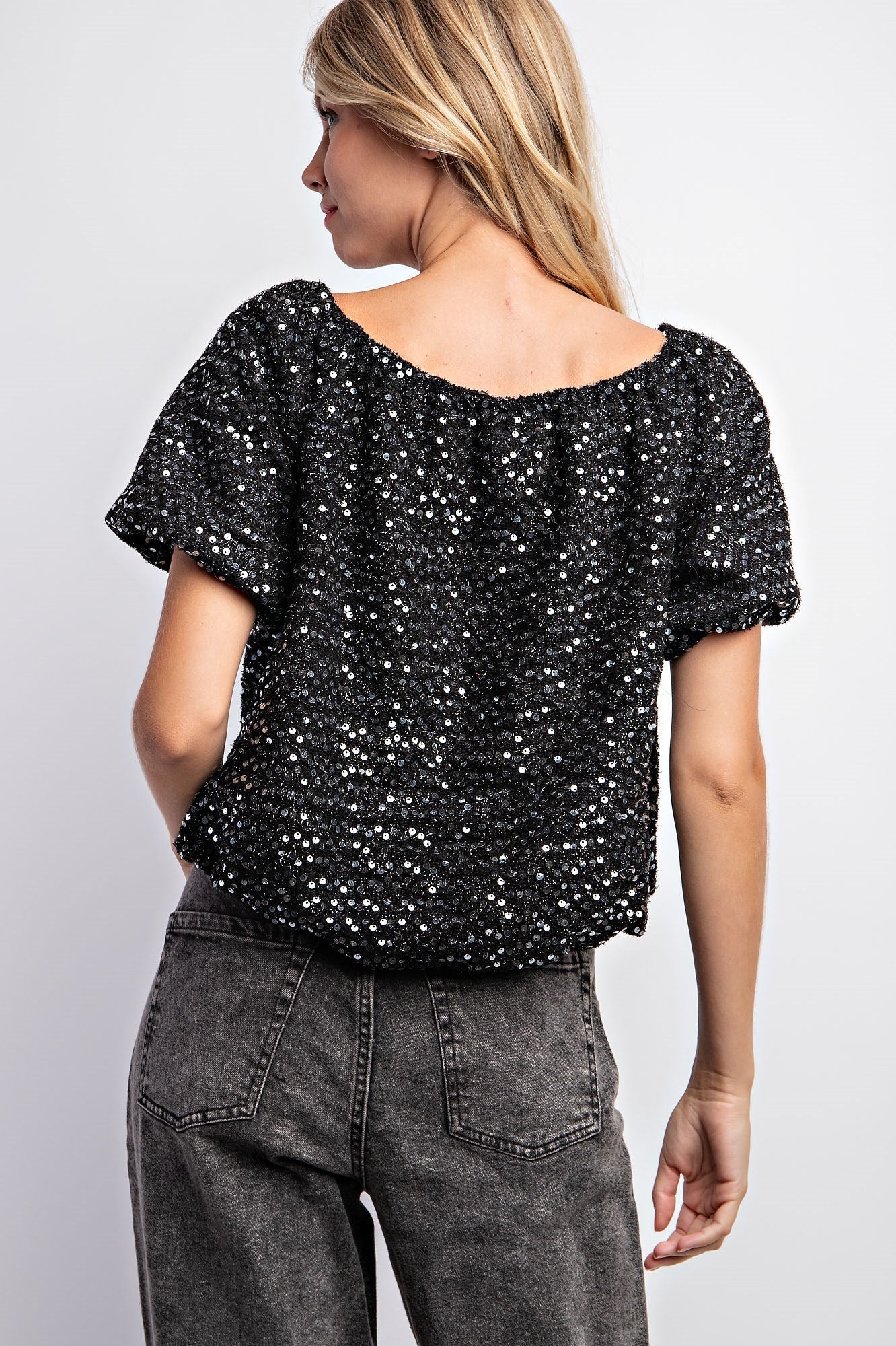 Puff Sleeve Tweed Sequin Top