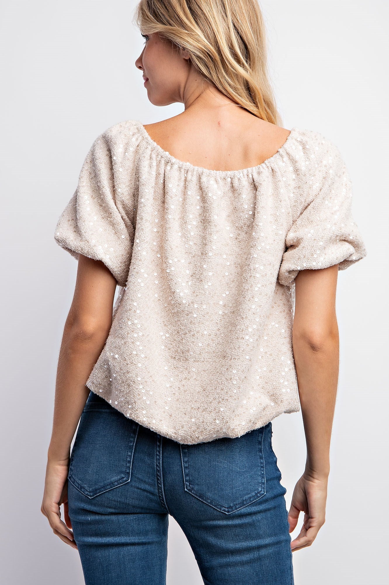 Puff Sleeve Tweed Sequin Top