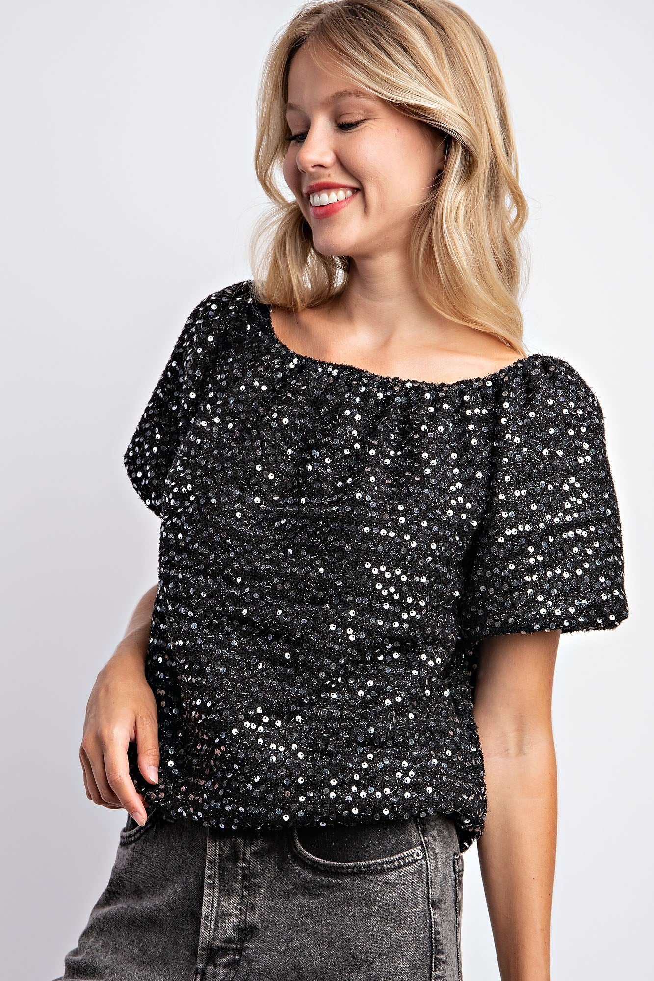 Puff Sleeve Tweed Sequin Top