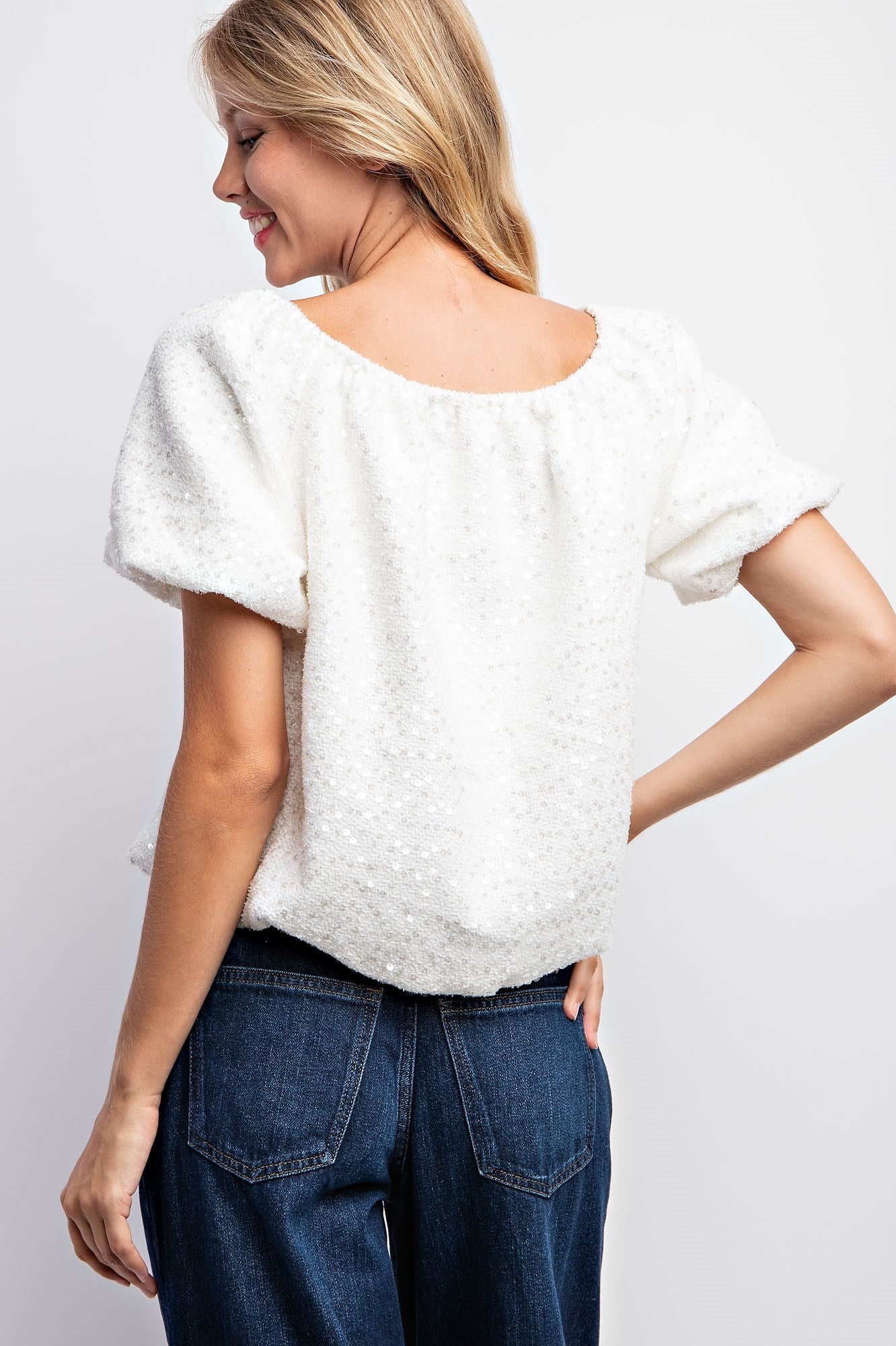 Puff Sleeve Tweed Sequin Top
