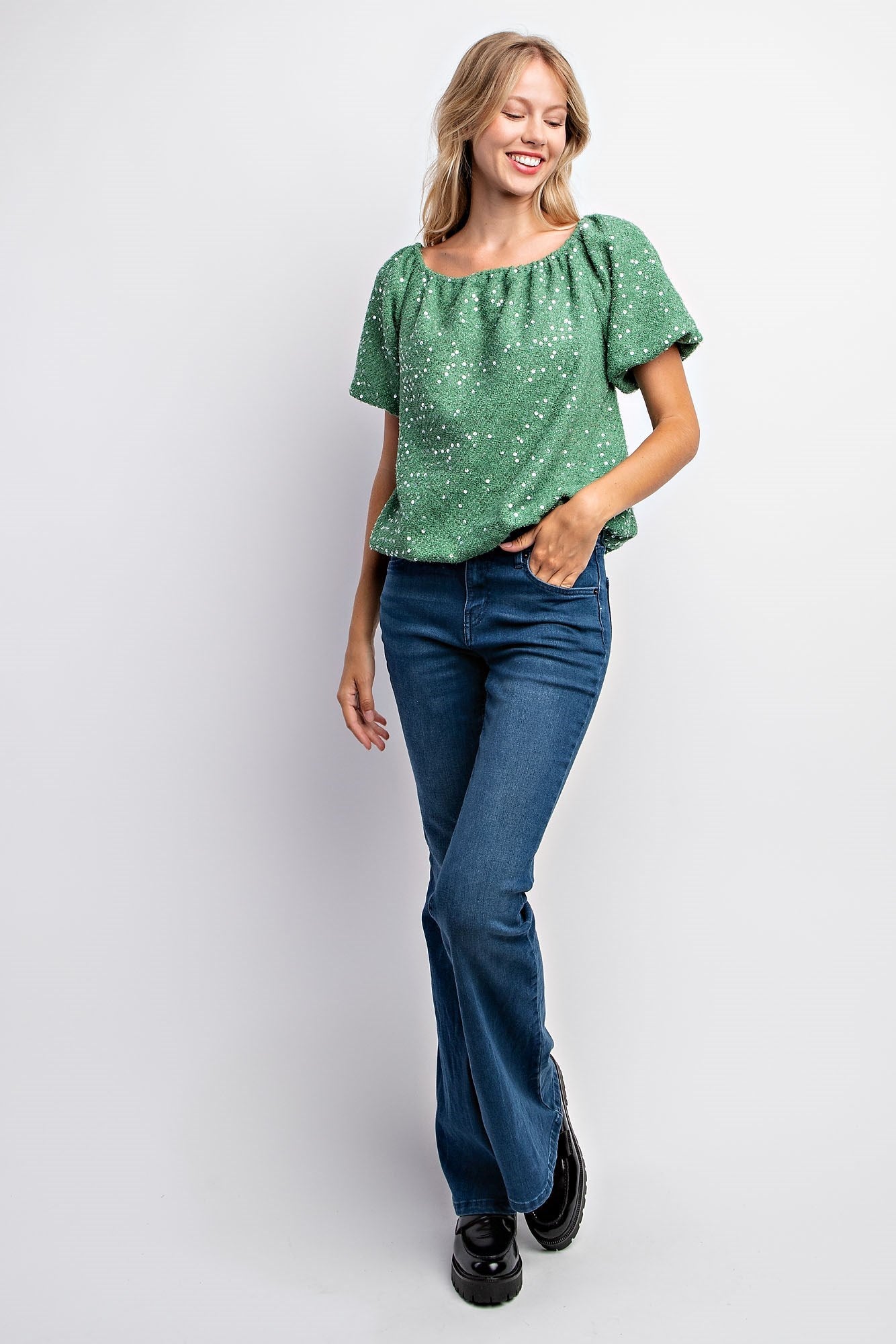Puff Sleeve Tweed Sequin Top