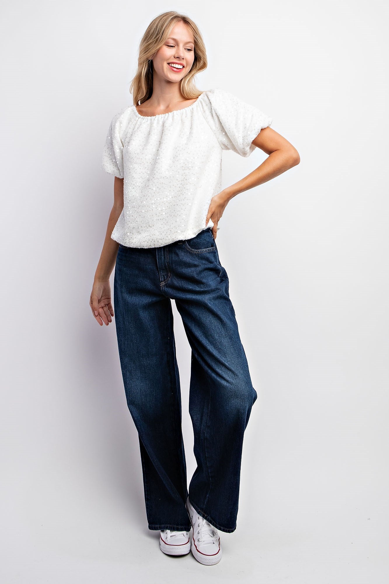 Puff Sleeve Tweed Sequin Top