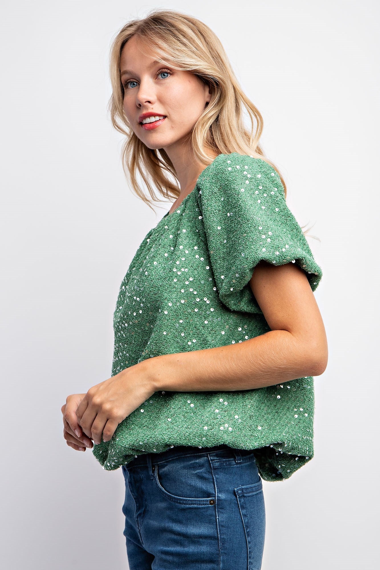 Puff Sleeve Tweed Sequin Top
