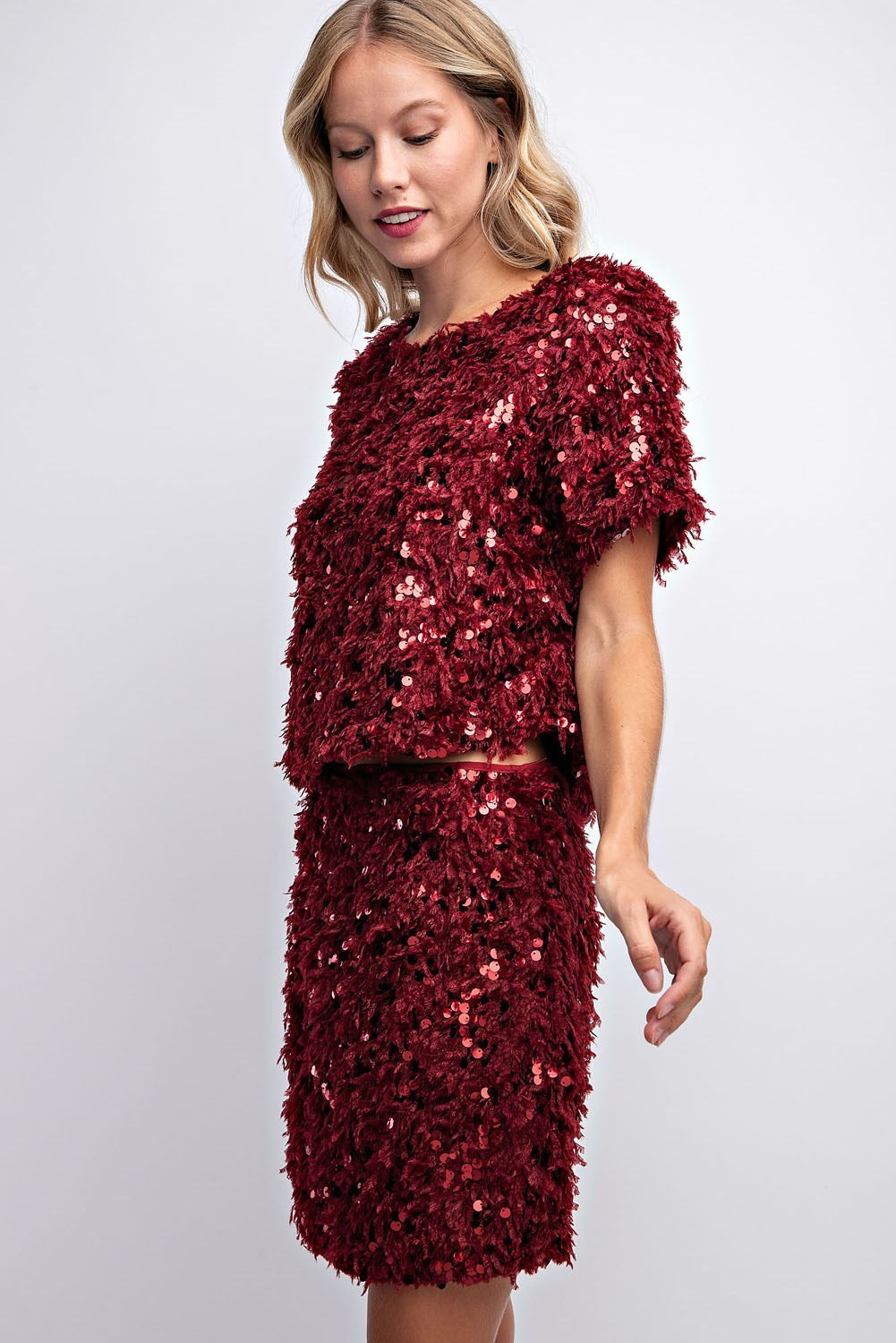 SEQUIN FEATHER BLOUSE & SKIRT