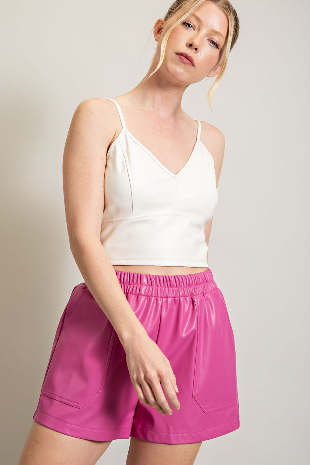 LEATHER ELASTIC WAIST SHORTS